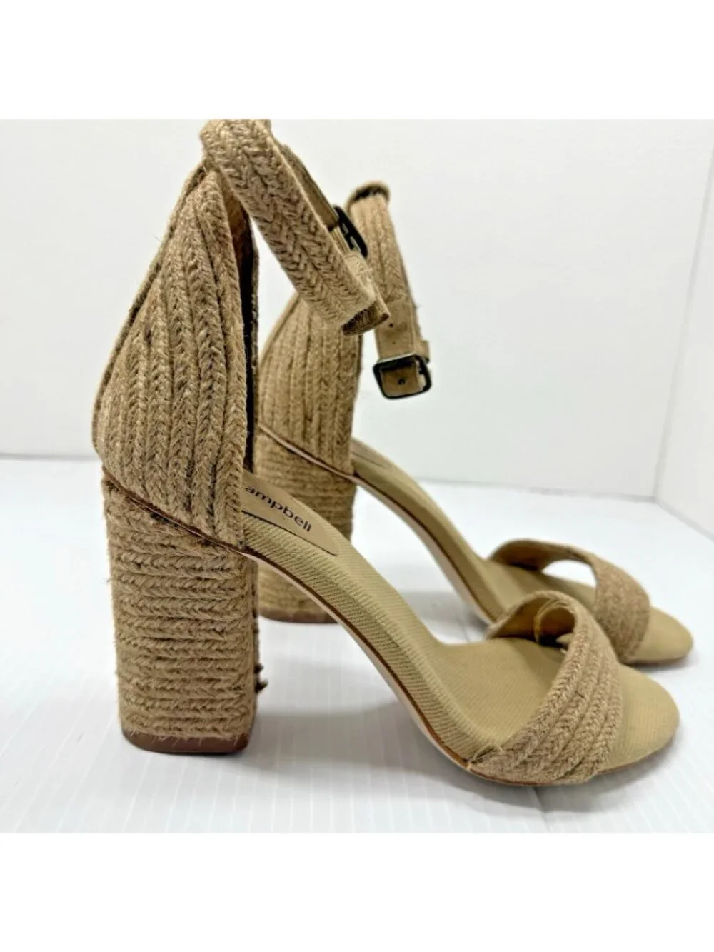 Jeffrey Campbell Espadrille Ankle Strap Sandals 7 Tan Beige Jute Block Heel Boho
